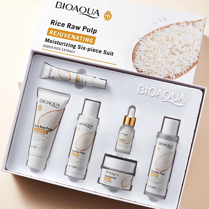 kf-S67760cd3a01f414986a44b988c148b4be BIOAOUA Rice Puree Rejuvenating and Moisturizing six-piece Set Whitening Firming Anti-aging Beauty Facial Skincare Set - Image 1