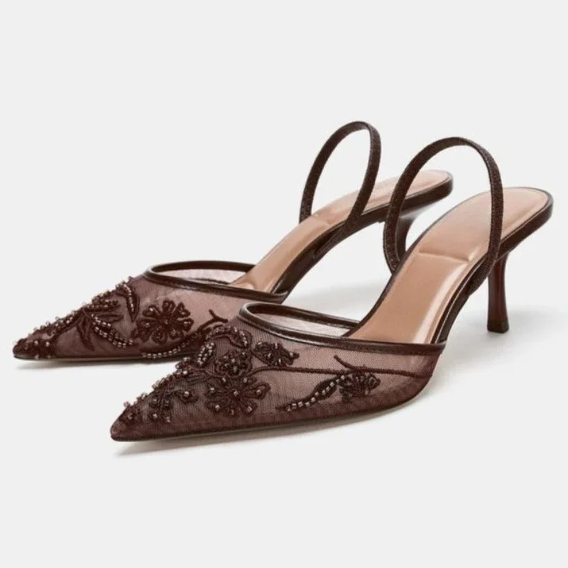 kf-S6b13f4c0b3a341a8bf71439a1a8a0a9aW Sexy Pointed Toe Mesh Embroider High Heels for ladies Elegant String Bead pumps Summer Luxury Designer Shoe Brown Heeled Sandals - Image 1