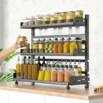 3 Tier Spice Storage Rack for Countertop Adjustable Spice Organization for Cabinet Kitchen Organizer Metal Shelf Black