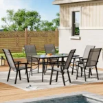Outdoor Garden Table and Chair Set Rectangular Tempered Glass Coffee Table Metal Frame Folding Chair Casual Dining Table Coffee