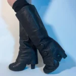 Retro Black Leather Thigh-High Boots Round-Toe Button Trim Block Heel Elegant Lady Mid Calf Boots Edgy Classic Style New Shoes