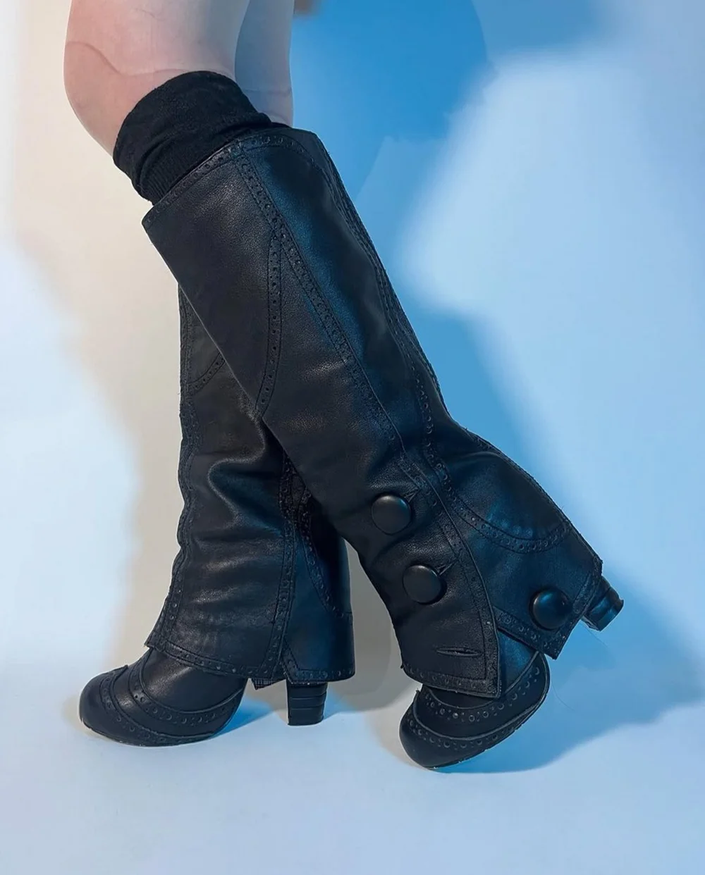 kf-S7a121fdb8d0e417e8179e201a17ebec3Q Retro Black Leather Thigh-High Boots Round-Toe Button Trim Block Heel Elegant Lady Mid Calf Boots Edgy Classic Style New Shoes - Image 1