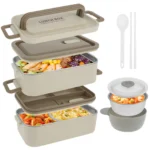 Double Layer Food Box 2L Stackable Meal Box Stainless Steel Food Container with Soup Bowl Chopsticks Spoon for Office School