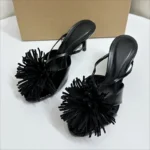 Brand Design High Heels Women Mules Shoes Unique Tassel Flower Party Date Nightclub Stilettos Peep Toe Female Modern Sandals
