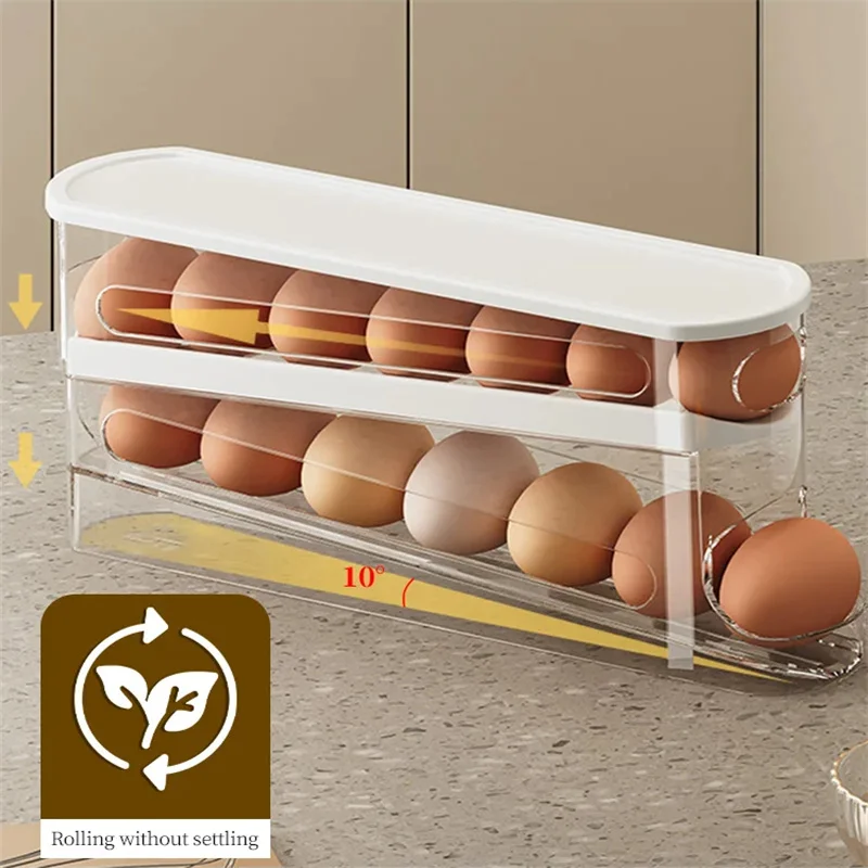 kf-S8341529772994e63a2f8cec0c49f4fe7k Slide Type Egg Carton Double Automatic Egg Roller Refrigerator Side Door Egg Storage Kitchen Countertop Egg Holder - Image 1