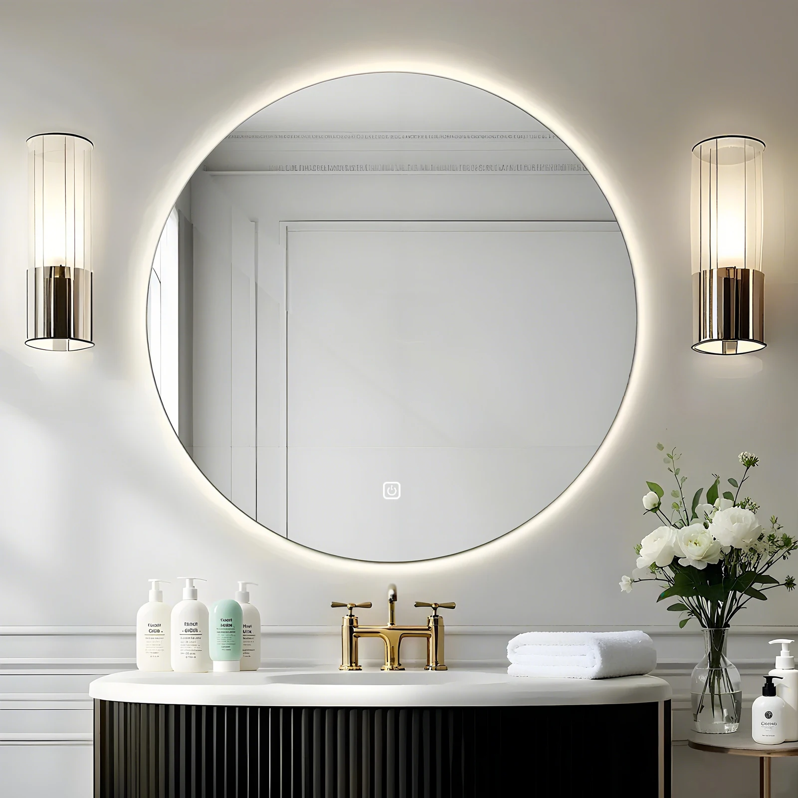 kf-S864643a6adf9498b9787fc2f76fbdc773 LED Bathroom Mirror Round Vanity Mirror With Backlit Lights Wall Mounted Dimmable 3 Color Lighting IP54 - Image 1