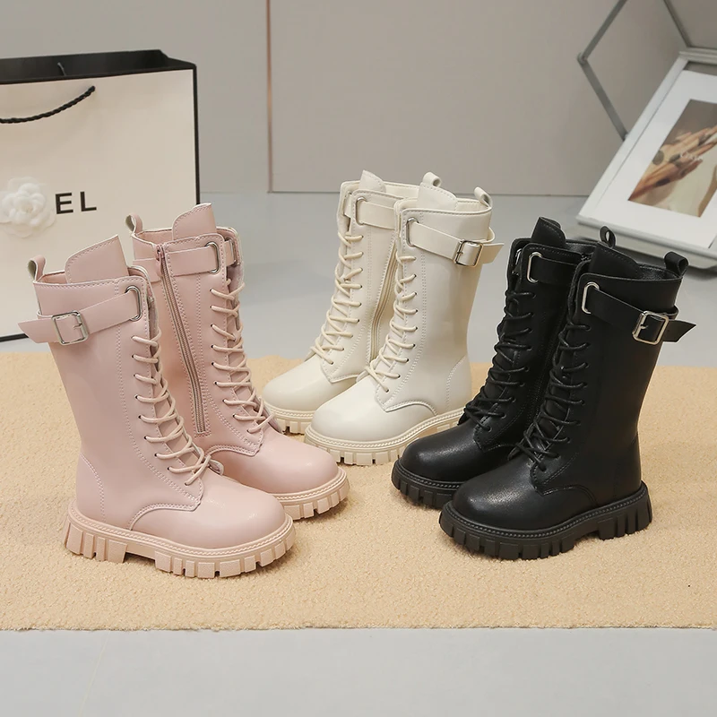 kf-Sa89d43b6ada7499cbcb2cf416346de00Z Children's Knee Fashion High Combat Boots Pink/White/Black Buckle Strap Side Zipper Thick Sole Girls Winter Warm Boot Size27-37 - Image 1