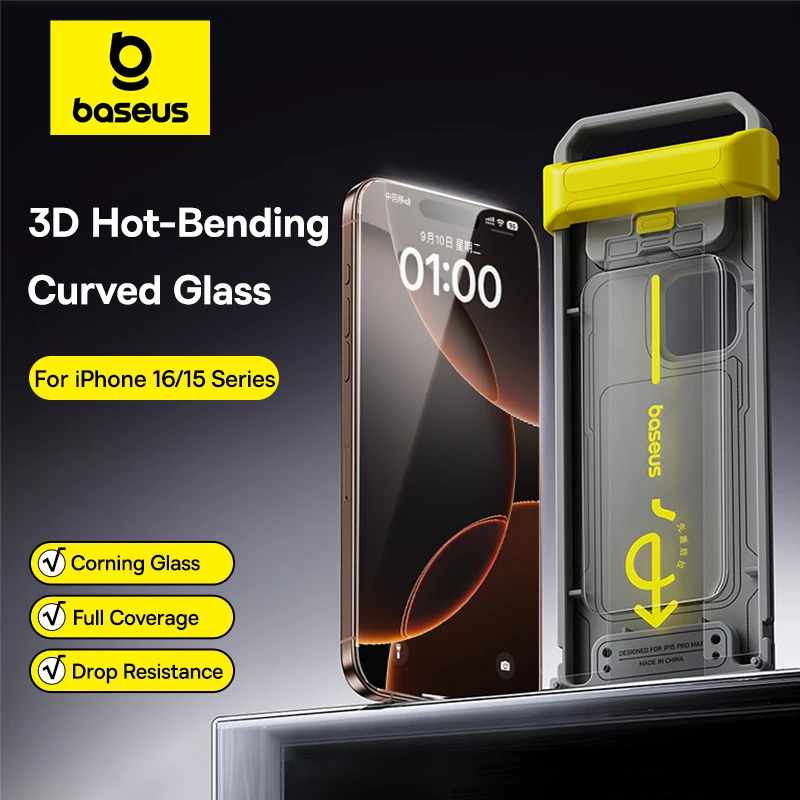 kf-Sa9af2ffdcb534f9d91e02f1d6cd6c36fd Baseus 3D Curved Tempered Glass for iPhone 16 15 Pro Max Hot Bending Full Coverage Shatterproof Clear Corning Screen Protector - Image 1