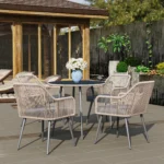 Outsunny 4 Seater Rattan Dining Set,Rattan Garden Furniture Set with Parasol Hole,Cushions,Glass Top Table,Light Brown ﻿