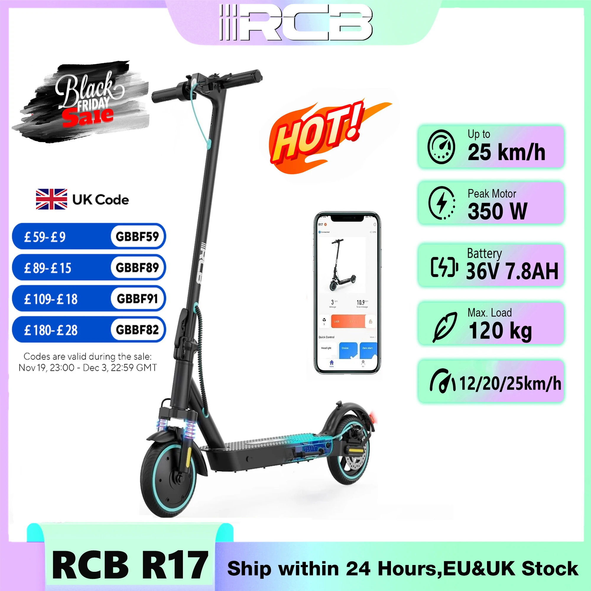 kf-Sb62e4c55500e4c6eae96861a16f5f57dy RCB R17 Electric Scooter, 350W Motor, Speed up to 25 km/h, 30 km of autonomy, 8.5" Solid Tire, Maximum Load 120 kg, Dual Braking - Image 1