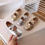 Kids Square Dance Performance Shoes Gold Silver Solid Color Girls Princess Shoe with 2025 New Girls Leather Shoes Soft Sole