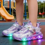 Disney Girls' Shoes Autumn LED Light Frozen PU Leather Girls' Sports Purple Pink Princess Elsa Shoes 22-36