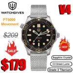 Watchdives WD007 V4 42mm Watch PT5000 Automatic Movement Titanium NTTD Wristwatch Domed Sapphire Crystal C3 Super Luminous Watch