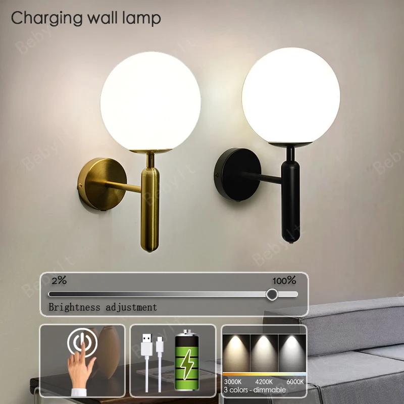 kf-Sdcbdf7a5476d4622b71a117057d353d4x Touch Charging Wall Lamp No Wiring Required Dimming Tri Color Lamps For Living Room Bedroom Study Mirror Bedside LED Wall Light - Image 1