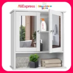 Bathroom Cabinet Wall-Mounted Storage Cabinet Modern Toilet Cupboard Storage Unit with Double Mirror Door Adjustable Shelf White