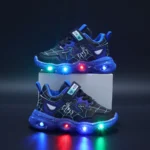 Kids Shiny Light Sneakers Boys Glowing Light Up Shoes Kids Leather Spider-Man Single Sneakers Kids LED Luminous Children's Shoes