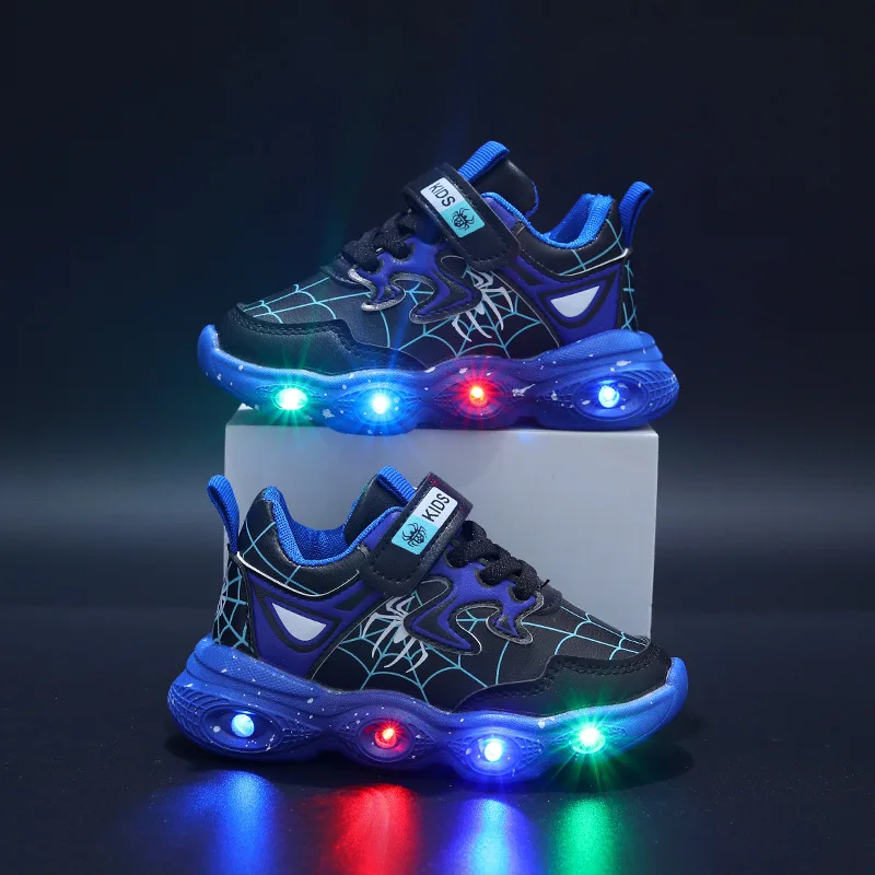 kf-Sf1435e0d67364b8f82939fb13c9489bcf Kids Shiny Light Sneakers Boys Glowing Light Up Shoes Kids Leather Spider-Man Single Sneakers Kids LED Luminous Children's Shoes - Image 1