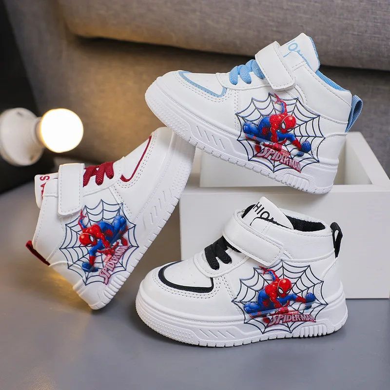 kf-Sf2bd1f45a9b048bcb300a581d1d28ffcu Disney Spiderman Kids' Casual Shoes Sneakers PU Leather High-top Winter Shoes For Boys Velcro Anti-slip Thick White Red Shoes - Image 1