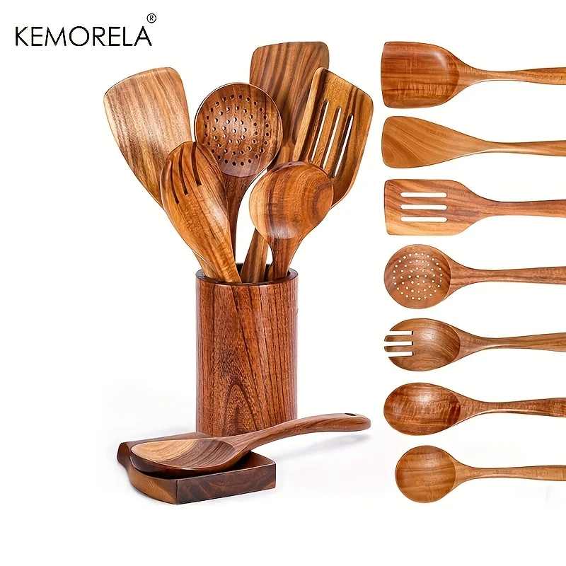 kf-Sf3defac7defb40bb88e12b90b3ddfcb6y 9PCS Wooden Spoons For Cooking, Wooden Utensils For Cooking With Utensils Holder, Teak Wooden Kitchen Utensils Set - Image 1