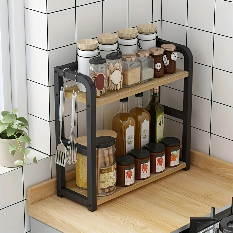 kf-Sf58c295146c94ca9a8a57ce70ee11743M 1pc 2-Tier Metal Countertop Shelf - Space Saving Organizer for Coffee, Mugs & Condiments, Rustproof Kitchen Rack - Image 1