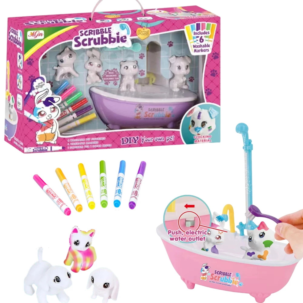 kf-S4c67b49e9ec446cf832396b8900e6840u Kids Coloring Pet Scrub Tub Toy Set Washable DIY Doodle Animal Toy Kids Arts and Crafts Toy Age 3+ - Image 1