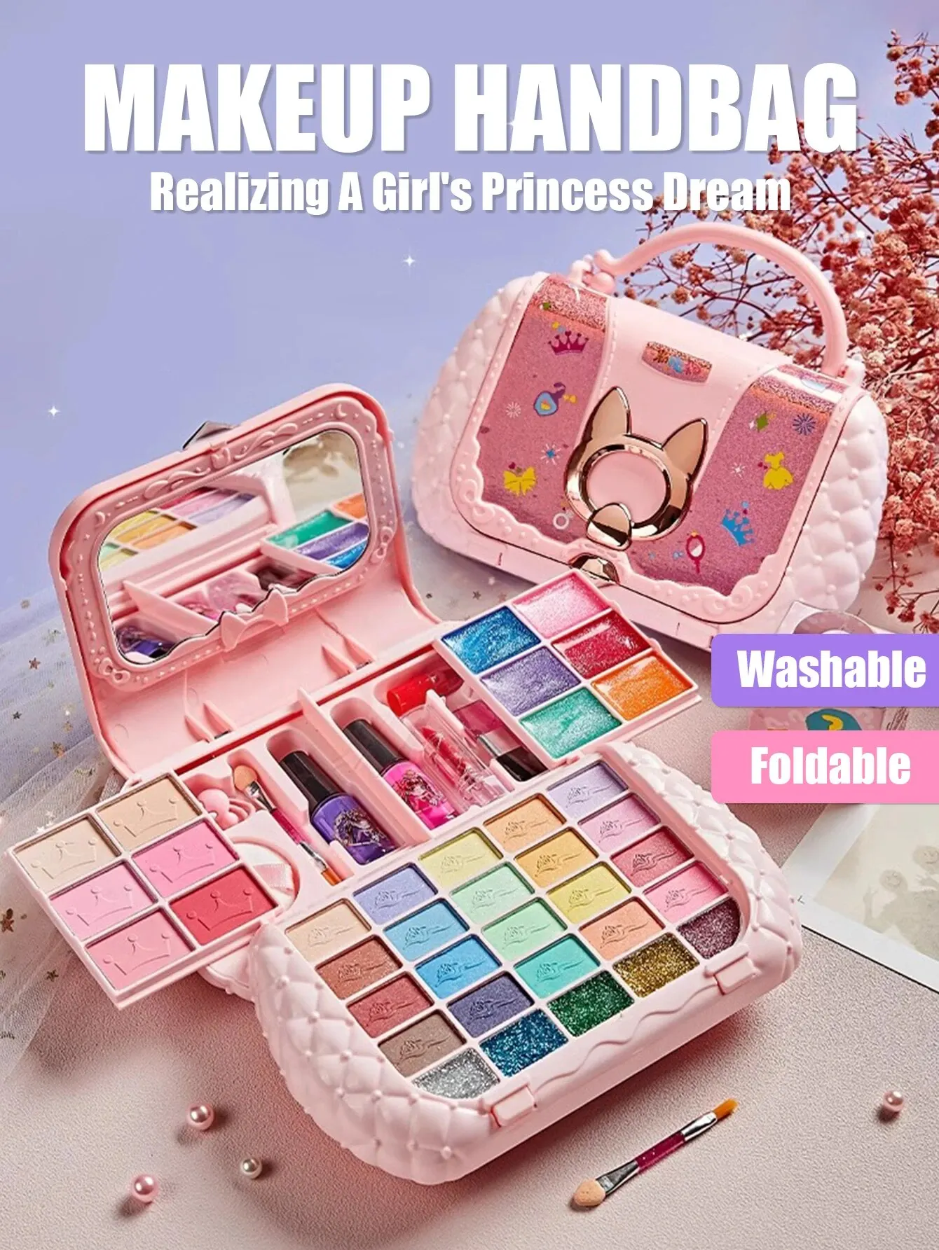 kf-S905078cb34e14bd897daf9d72bfe1501v Kids Beauty Toys Makeup Kit Little Bag Washable Pretend Play Cosmetic Set Toys with Mirror Non-Toxic & Safe Birthday Gifts Girl - Image 1