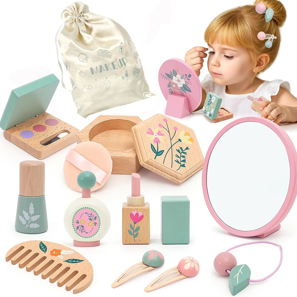 kf-Se6c0c758567748ad9038957577fc3dbfl Wooden Pretend Play Makeup Toys Simulation Makeup Set Girls MakeUp Dressing Table Cosmetics Toys Birthday Gifts For Children - Image 1